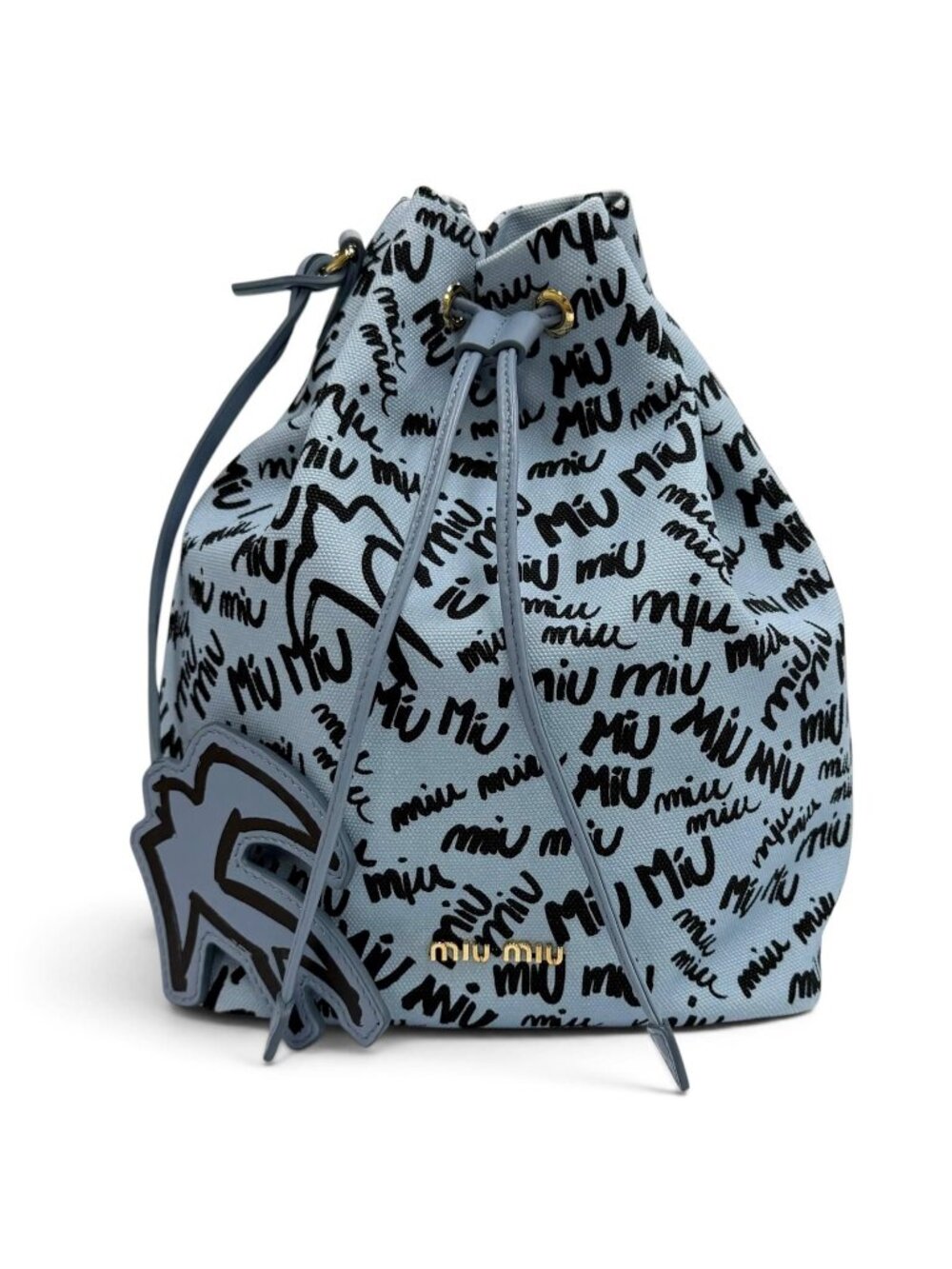 Miu Miu Canvas Logo All Over Print Bird Motif Drawstring Bag Light Blue Black